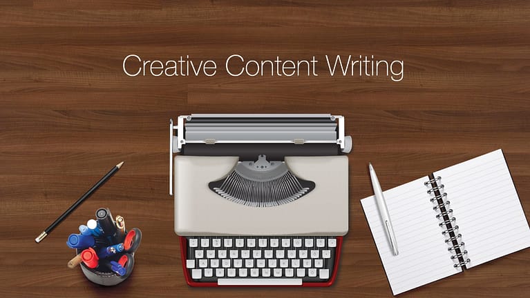introducing different types of content marketing. a notebook and a typing machine on the desk.